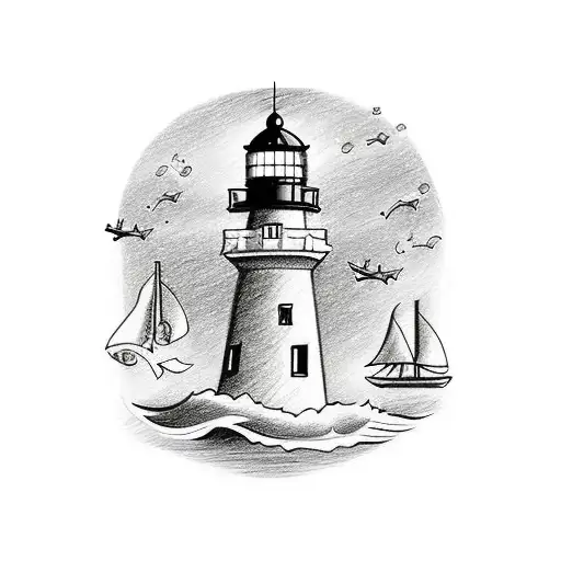 A drawing of a nautical scene including a lighthouse, a boat, an anchor. These represent the first dummies my triplet ne tattoo design idea