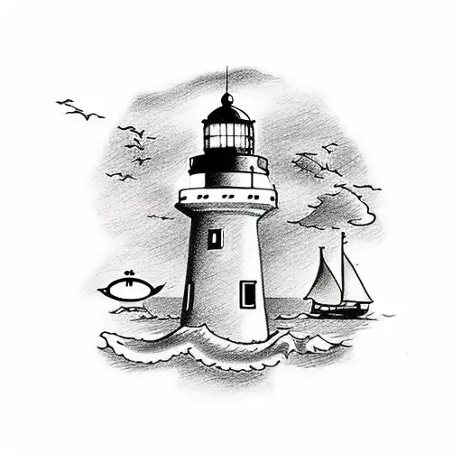 A drawing of a nautical scene including a lighthouse, a boat, an anchor. These represent the first dummies my triplet ne tattoo design idea