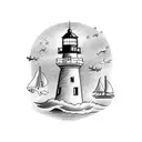 A drawing of a nautical scene including a lighthouse, a boat, an anchor. These represent the first dummies my triplet ne tattoo design idea