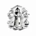 A drawing of a nautical scene including a lighthouse, a boat, an anchor. These represent the first dummies my triplet ne tattoo design idea