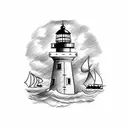 A drawing of a nautical scene including a lighthouse, a boat, an anchor. These represent the first dummies my triplet ne tattoo design idea