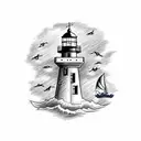 A drawing of a nautical scene including a lighthouse, a boat, an anchor. These represent the first dummies my triplet ne tattoo design idea