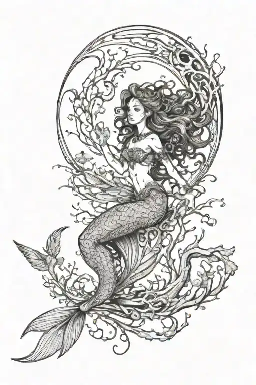 mermaid shell unicorn moon raven flying oak tree growing tattoo design idea