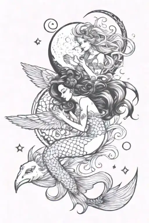 mermaid shell unicorn moon raven flying tattoo design idea