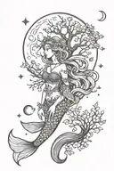 mermaid shell unicorn moon raven flying oak tree growing tattoo design idea
