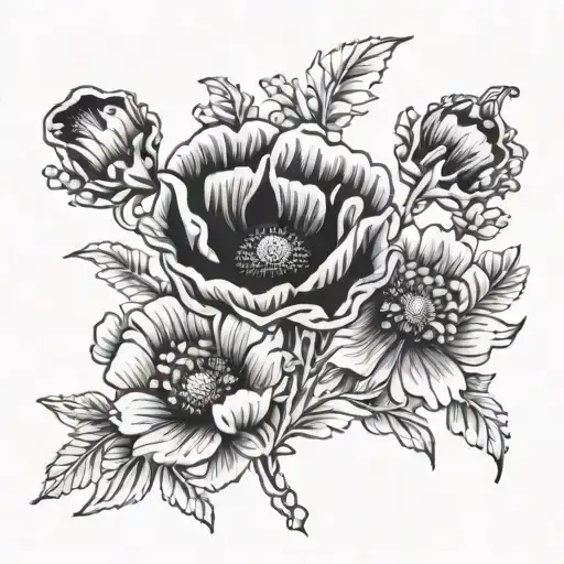 poppy and daisy flowers hugging  tattoo design idea