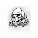 skull with three tiny skulls on the middle of the forehead left to right 2 of them are bloody the third is blackened tattoo design idea