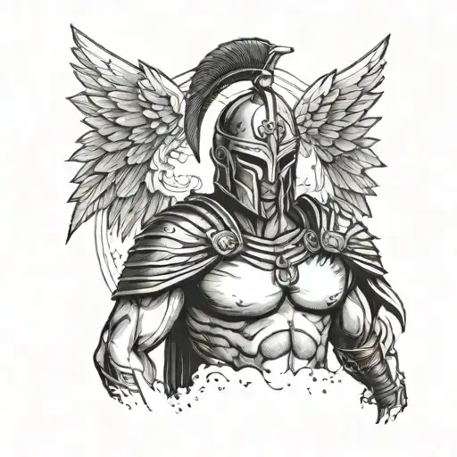 spartan warrior with wings spread wide and halo on top of head tattoo design idea