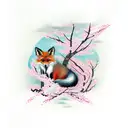 fox in a forest of cherry blossom trees tattoo design idea