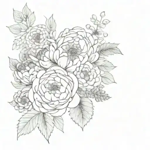 a composition of chrysanthemum, anemone, peonies and dahlia. tattoo design idea
