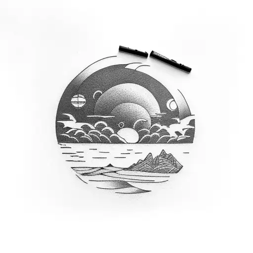 arm sleeve tattoo with sunset over the beach tattoo design idea