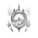 Placement: Upper arm, wrapping around from the outer bicep to inner bicep, to give a 360° view of the scene.  Imagery:   tattoo design idea
