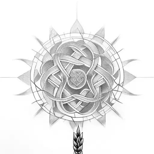 An intricate wheat stalk intertwined with geometric patterns tattoo design idea