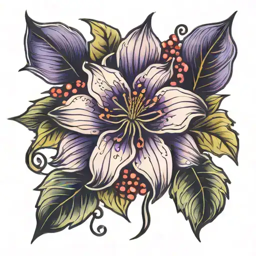 lily, poppy,violet, holly berry flower intertwined fineline tattoo design idea