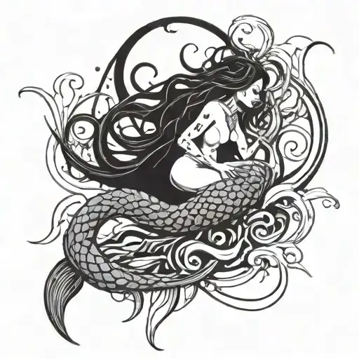 A killer mermaid emerging from a pool of blood tattoo design idea