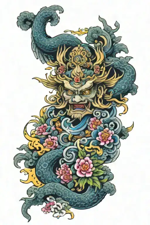 Japanese colourful temple bossom tattoo design idea