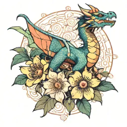 a dragon with passion flower geometric skin   tattoo design idea