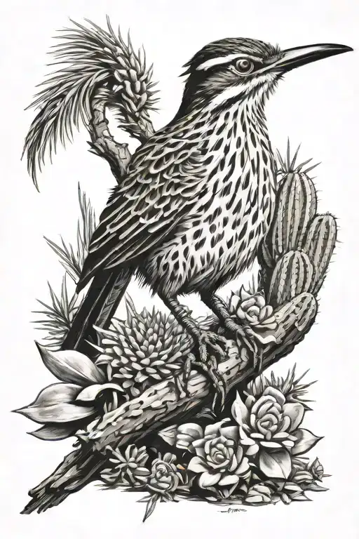 roadrunner and cactus growing tattoo design idea