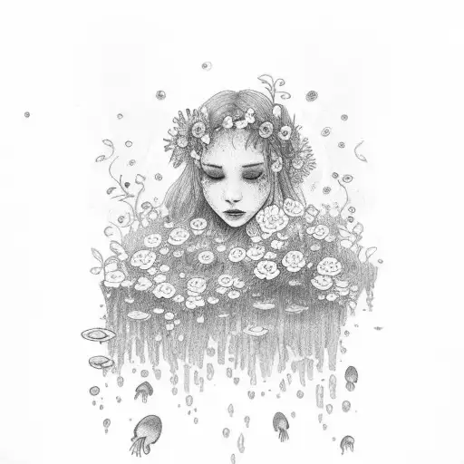 Ophelia from hamlet drowned in the pond with flowers surrounding her. Very pretty and simple tattoo design idea