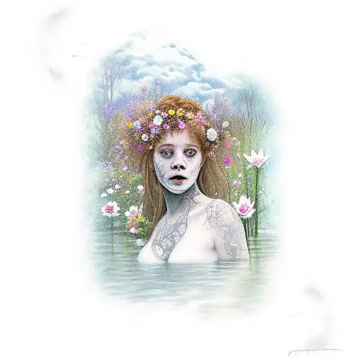 Ophelia from hamlet drowned in the pond with flowers surrounding her tattoo design idea