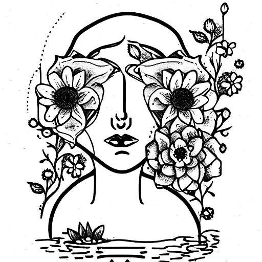 Ophelia from hamlet drowned in the pond with flowers surrounding her tattoo design idea