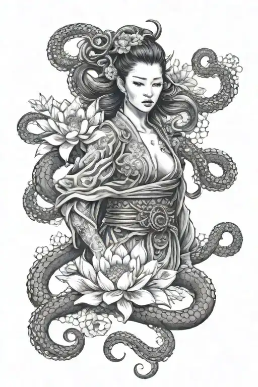 octopus Japan girl roses Lotus samurai sleeve in Japanese tattoo design idea