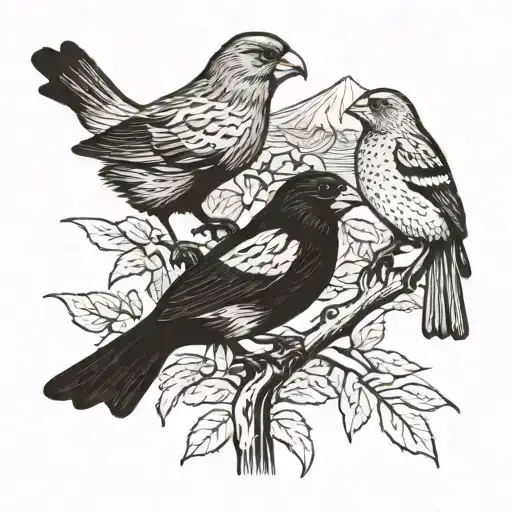 Darwin's finches sitting in a tree tattoo design idea