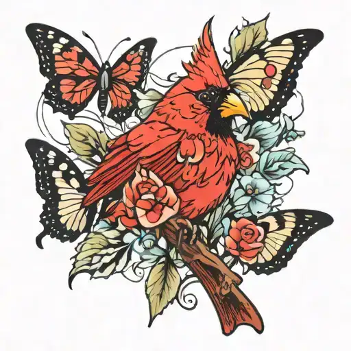 cardinal, butterflies  tattoo design idea