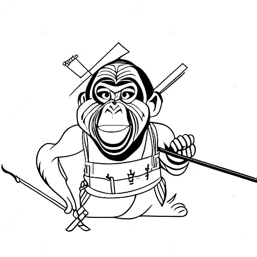full body chimpanzee standing with spear in one hand  after war tattoo design idea