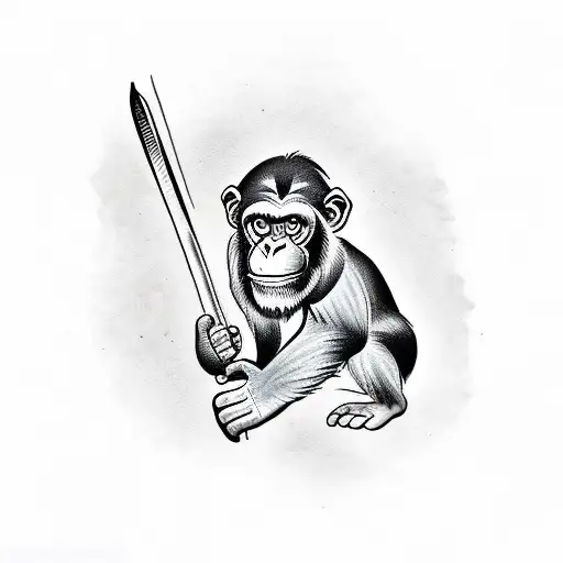 full body chimpanzee standing with spear in one hand   tattoo design idea