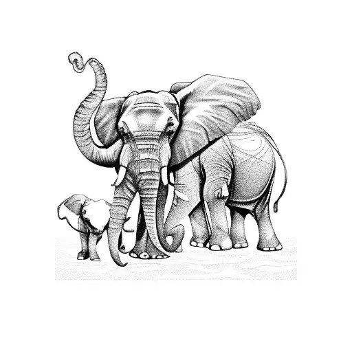 three elephants with trunks raised in front of a setting sun tattoo design idea