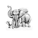 three elephants with trunks raised in front of a setting sun tattoo design idea
