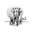 three elephants with trunks raised in front of a setting sun tattoo design idea