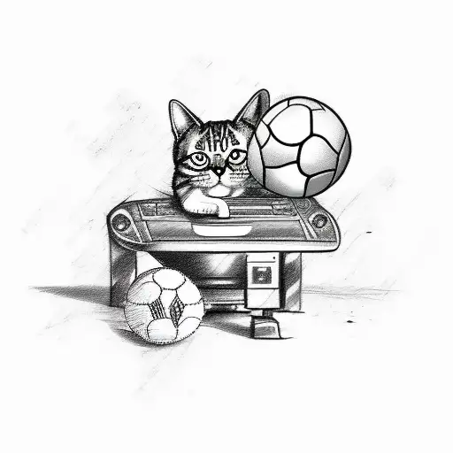 A sketch-style tattoo of a cat playing video games with a soccer ball and a basketball tattoo design idea