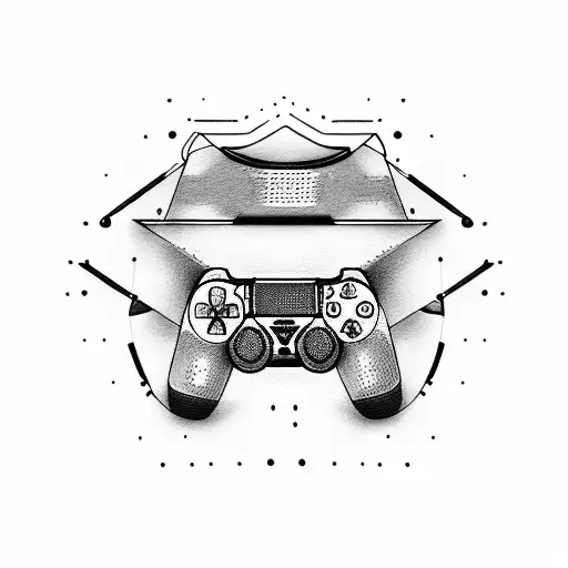 A dotwork tattoo of a PlayStation 4 controller surrounded by cats tattoo design idea