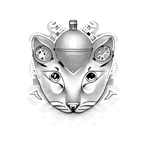 A dotwork tattoo of a computer mouse and a joystick surrounded by cats tattoo design idea