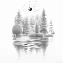 A serene moonlit forest with a subtle silhouette of a submarine tattoo design idea