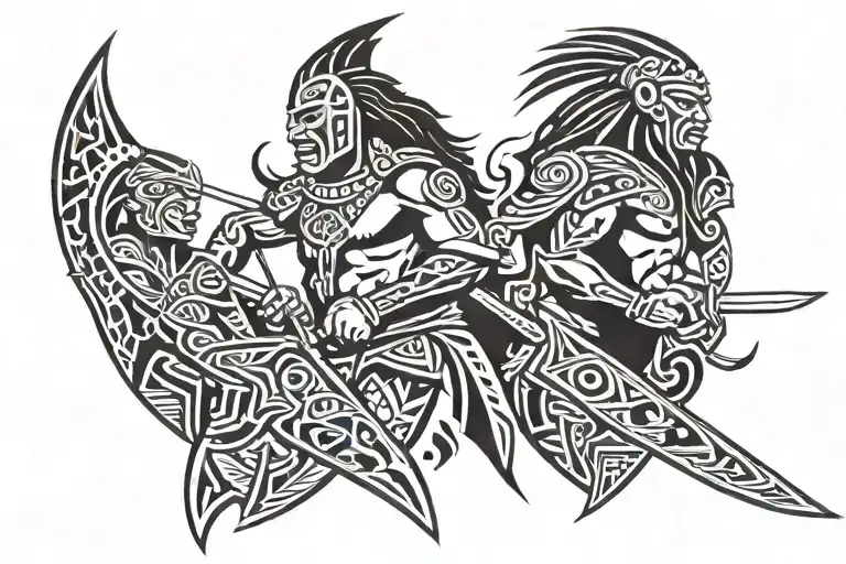 A tattoo band of a Polynesian warrior protecting their family with traditional spear heads and shark teeth designs tattoo design idea