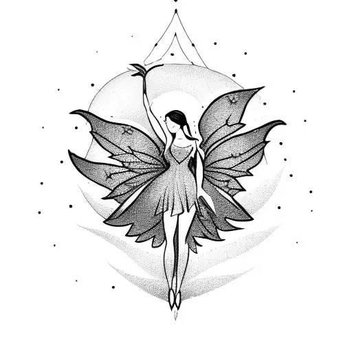 The silhouette of an elegant fairy with her hand outstretched and three small stars above her hands and head. tattoo design idea