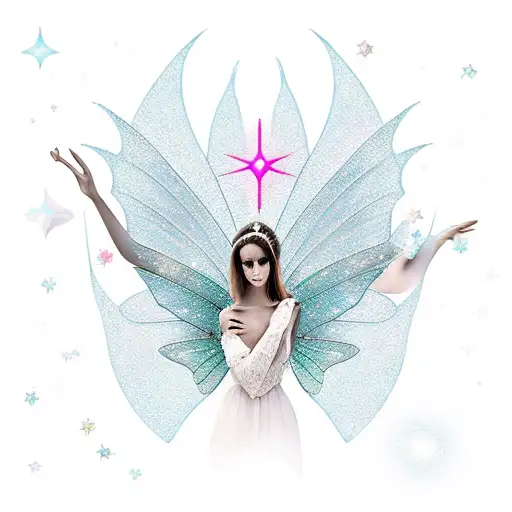 The silhouette of an elegant fairy with her hand outstretched and three small stars above her hands and head. tattoo design idea