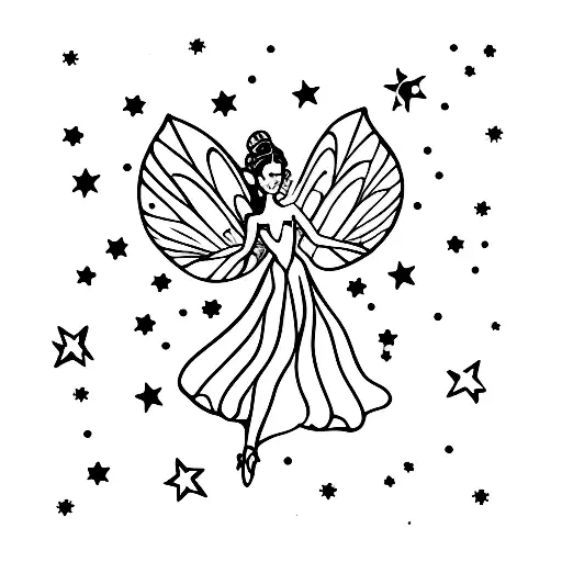 The silhouette of an elegant fairy with her hand outstretched and three small stars above her hands and head. tattoo design idea
