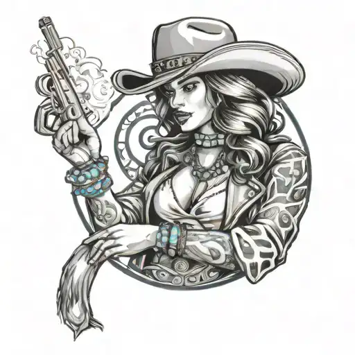 cowgirl wearing turquoise jewelry with a cowboy hat holding a gun and smoking a cigarette  tattoo design idea