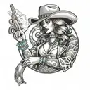 cowgirl wearing turquoise jewelry with a cowboy hat holding a gun and smoking a cigarette  tattoo design idea