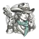 cowgirl wearing turquoise jewelry with a cowboy hat holding a gun and smoking a cigarette  tattoo design idea