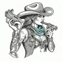 cowgirl wearing turquoise jewelry with a cowboy hat holding a gun and smoking a cigarette  tattoo design idea