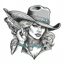 cowgirl wearing turquoise jewelry with a cowboy hat holding a gun and smoking a cigarette  tattoo design idea