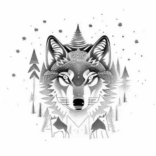 A surreal scene of a wolf running through a forest under a starry night sky, with a touch of dotwork for added texture tattoo design idea