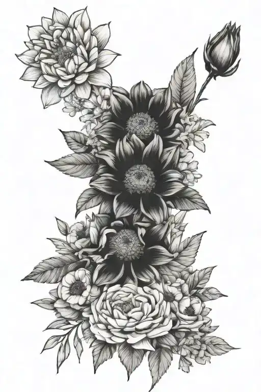 Floral hip tattoo including daffodils, roses, poppies, asters, marigolds, and chrysanthemums. Black and white, minimal tattoo design idea