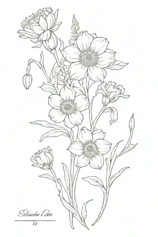 Floral hip tattoo including daffodils, roses, poppies, asters, marigolds, and chrysanthemums. simple and cute  tattoo design idea