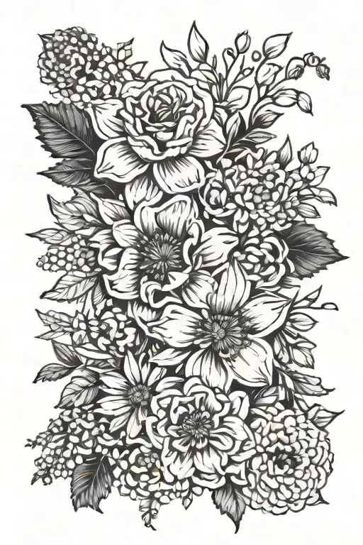 Floral hip tattoo including daffodils, roses, poppies, asters, marigolds, and chrysanthemums. simple and cute  tattoo design idea